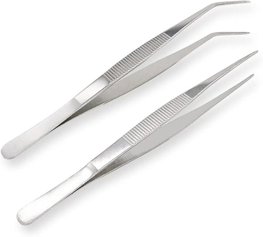 8 Inch Stainless Steel Tweezers with Straight and Curved Serrated Tip Multipurpose Forceps for Craft Repairing 2 Pack