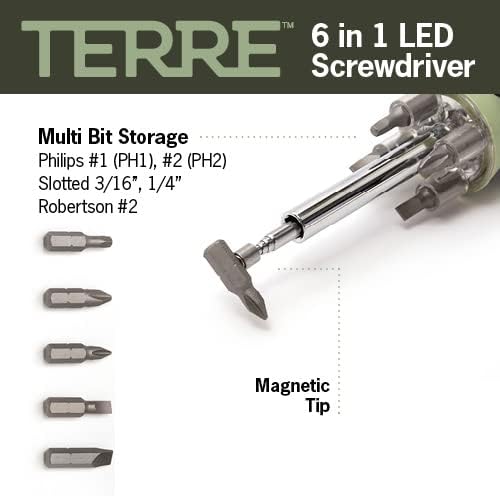 Terre Products, 6 in 1 Multitool Screwdriver, Nut Driver, All in One Screwdriver with Flashlight and Telescopic Magnetic Pick Up Tool, Multi Bit Screw Driver