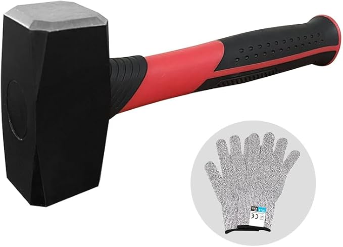 2.2lb Sledge and Club Hammer with Work Gloves, Mini Sledge Drilling Hammer Shock-Resistant Non-Slip Fiberglass Handle Construction and Demolition