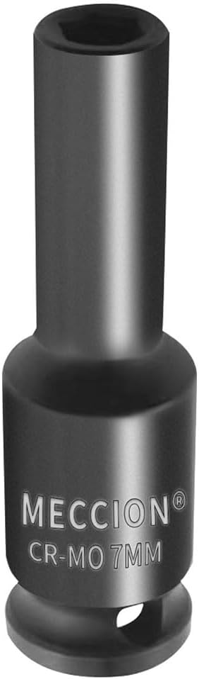 Meccion 3/8 Inch Drive Impact Socket 7mm Metric, 6 Point Cr-Mo Deep Socket, 63mm Length