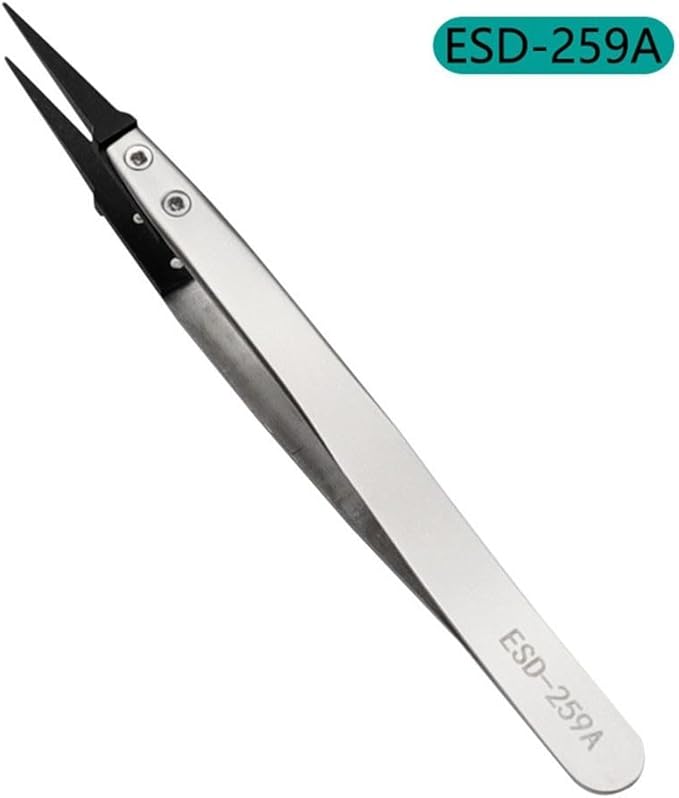 Precision Anti-Static ESD Tweezers for Electronics Repair, Industrial Metal Tweezers for Circuit Board, Mobile Phone, and Clock Maintenance, Silver Black Color(ESD-259A)