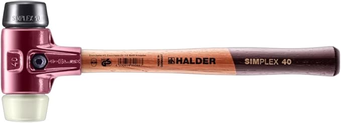 Halder Simplex Soft-Faced Mallet 3028.040 - Medium-Hard Rubber Insert, Hard Nylon Insert, Cast Iron Housing with Handle Protection Sleeve, Varnished Wooden Handle, 40mm, 1.4 lbs.
