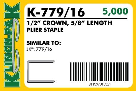 Klinch-Pak K-779/16, 5/8??Leg Length by 1/2" Wide Crown Heavy-Duty Galvanized Plier Staples, 5000 Per Package, Similar to JK779 Staples, for stapling Trays, Lids, Header Cards, Fastening End Caps