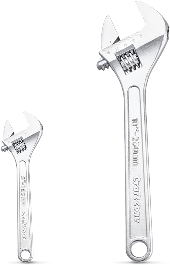 CRAFTZONE Adjustable Wrench Set, 2pc Wrench Sets with SAE and Metric Scales, Heat-Treated Carbon Steel with Chrome Plated, Wide Jaw Wrenches for Home, Plumbing, Garage (6, 10 Inch)