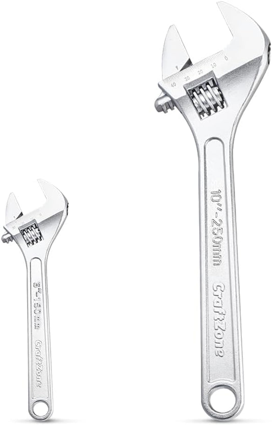 CRAFTZONE Adjustable Wrench Set, 2pc Wrench Sets with SAE and Metric Scales, Heat-Treated Carbon Steel with Chrome Plated, Wide Jaw Wrenches for Home, Plumbing, Garage (6, 10 Inch)