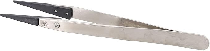 Precision Anti-Static ESD Tweezers for Electronics Repair, Industrial Metal Tweezers for Circuit Board, Mobile Phone, and Clock Maintenance, Silver Black Color(ESD-00)