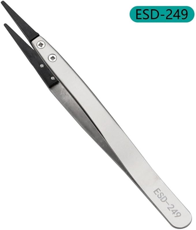 Precision Anti-Static ESD Tweezers for Electronics Repair, Industrial Metal Tweezers for Circuit Board, Mobile Phone, and Clock Maintenance, Silver Black Color(ESD-249)