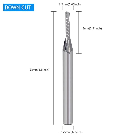 1/8 Inch Down Cut Single Flute (O Flute) Spiral End Mill CNC Router Bits,with 1/16 Inch Cutting Dia竊?/16 Inch Cutting Length for Acrylic PVC MDF Wood Pack of 5