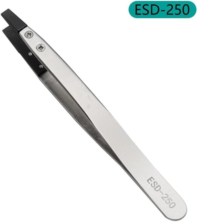 Precision Anti-Static ESD Tweezers for Electronics Repair, Industrial Metal Tweezers for Circuit Board, Mobile Phone, and Clock Maintenance, Silver Black Color(ESD-250)