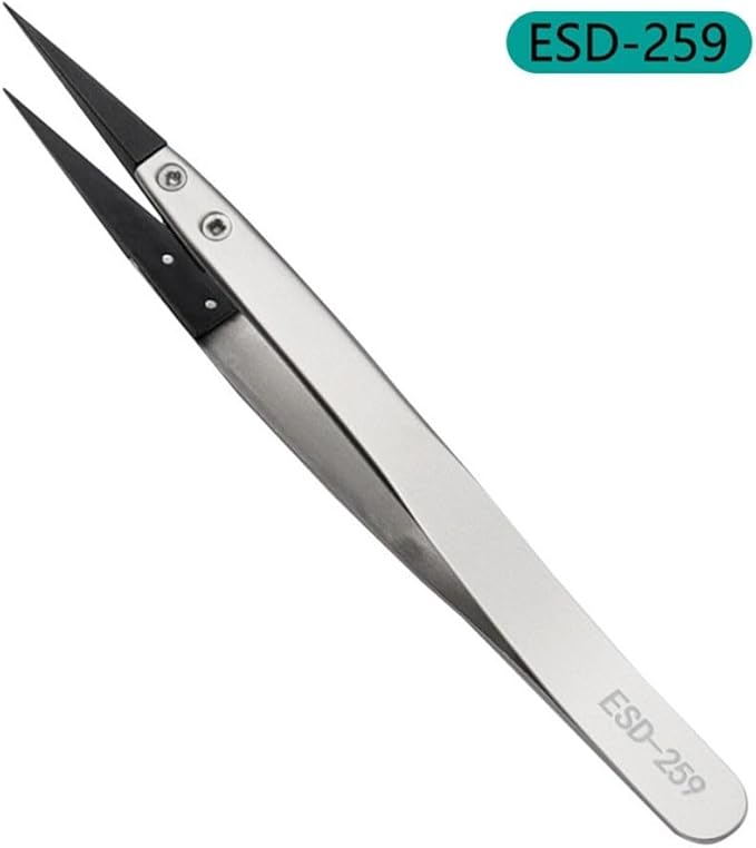 Precision Anti-Static ESD Tweezers for Electronics Repair, Industrial Metal Tweezers for Circuit Board, Mobile Phone, and Clock Maintenance, Silver Black Color(ESD-259)