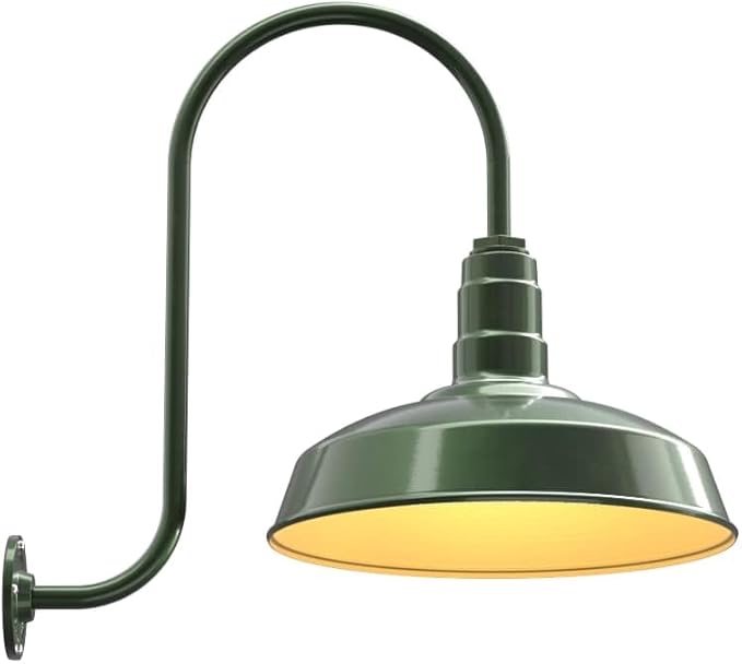 Steel Lighting Co. | Dusk to Dawn | Gardena Barn Light | Outdoor Wall Mounted | 16" Dome | Upslope Gooseneck | Farmhouse Light Made in America | Hunter Green/Brass