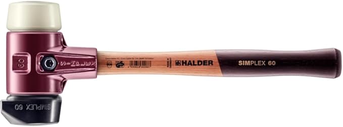 Halder Simplex Soft-Faced Mallet 3028.260 - Medium-Hard "Stand-Up" Rubber Insert, Hard Nylon Insert, Cast Iron Housing with Handle Protection Sleeve, Varnished Wooden Handle, 60mm, 3.4 lbs.