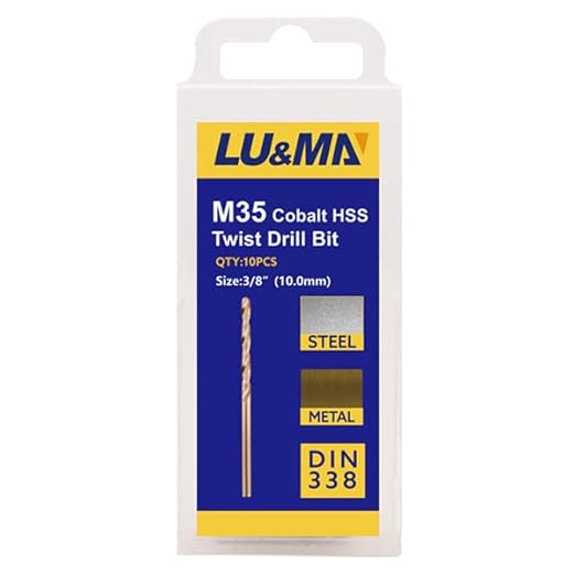 3/8" M35 Cobalt HSS Jobber Length Twist Drill Bit with Straight Shank,Heavy Duty, Pack of 10 PCS, Drilling for Cast Iron, Heat-Treated Steel, Stainless Steel and Other Hard Materials by LU&MN