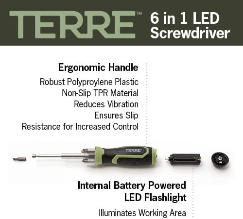 Terre Products, 6 in 1 Multitool Screwdriver, Nut Driver, All in One Screwdriver with Flashlight and Telescopic Magnetic Pick Up Tool, Multi Bit Screw Driver