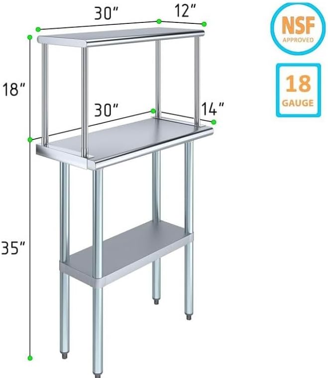 Stainless Steel Work Table with Wide Single Tier Overshelf | Metal Kitchen Prep Table & Shelving Combo (14" x 30" Work Table + 12" Overshelf)