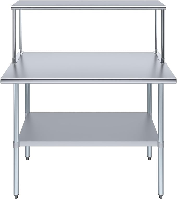 Stainless Steel Work Table with Wide Single Tier Overshelf | Metal Kitchen Prep Table & Shelving Combo (24" x 48" Work Table + 12" Overshelf)