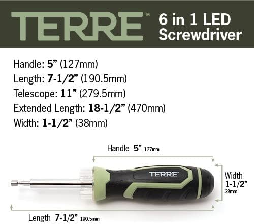 Terre Products, 6 in 1 Multitool Screwdriver, Nut Driver, All in One Screwdriver with Flashlight and Telescopic Magnetic Pick Up Tool, Multi Bit Screw Driver