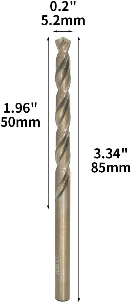 Metric Cobalt Drill Bits 5.2mm 10PCS, M35 high Speed Steel, high Hardness Straight Shank Drill, Mechanical or Hand Drill for Drilling, Suitable for Stainless Steel, Iron, Copper and Aluminum.