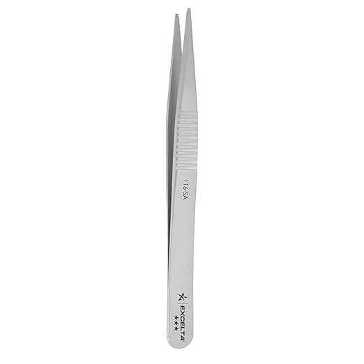 Excelta 116-SA Precision SMD Tweezers, 4.25 Inch, Straight Tip with 0.04" Groove, Conductive Anti-Magnetic Neverust Stainless Steel, Serrated Handles for Small Parts Handling, Made in Switzerland