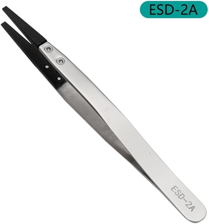 Precision Anti-Static ESD Tweezers for Electronics Repair, Industrial Metal Tweezers for Circuit Board, Mobile Phone, and Clock Maintenance, Silver Black Color(ESD-2A)