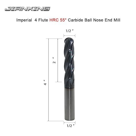 1/2" Extra Long Carbide Ball Nose End Mill for Alloy Steels/Hardened Steels, 4" Overall Length End Mill Bits, 4 Flute HRC 55 Deg AlTiN Coating, CNC Router Bits (1 Pieces)
