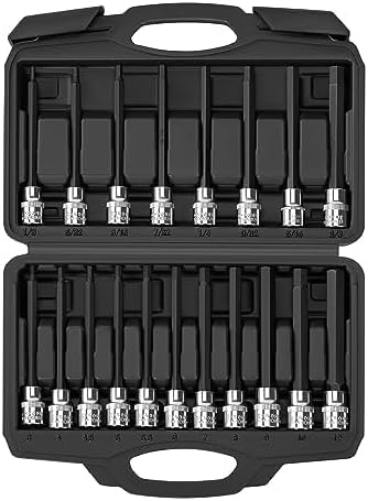 ALOANES 3/8 Inch Drive Extra Long Allen Hex Bit 19 PCs Socket Set, Standard SAE (1/8" - 3/8"), Metric(3mm-12mm)
