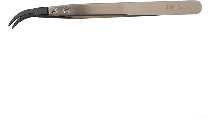Precision Anti-Static ESD Tweezers for Electronics Repair, Industrial Metal Tweezers for Circuit Board, Mobile Phone, and Clock Maintenance, Silver Black Color(ESD-7A)