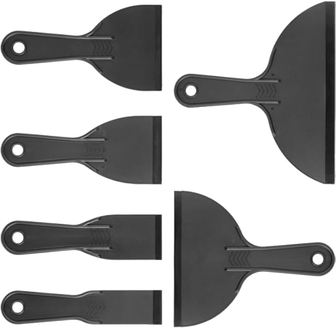 6 Pcs Plastic Putty Knife Set - Flexible Paint Scraper Tool, Black Spackle & Plastering Tool, Multi-Purpose plastic putty knife for Wall Repair and DIY Projects