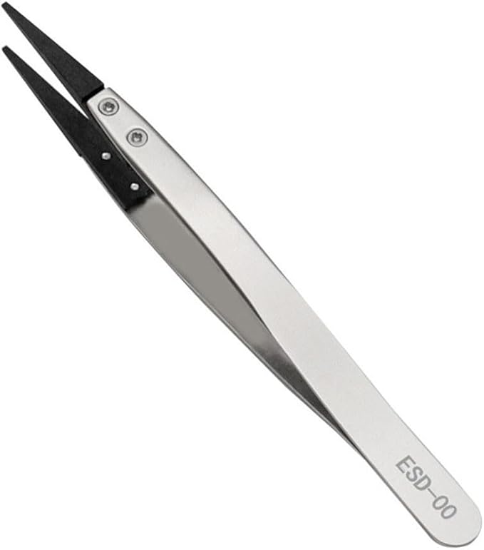 Precision Anti-Static ESD Tweezers for Electronics Repair, Industrial Metal Tweezers for Circuit Board, Mobile Phone, and Clock Maintenance, Silver Black Color(ESD-00)