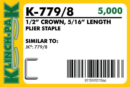 Klinch-Pak K-779/8, 5/16??Leg by 1/2" Wide Crown Heavy-Duty Galvanized Plier Staples, 5000 Per Package, for stapling Trays, Lids, Bags, Header Cards, Fastening End Caps and Container Inserts