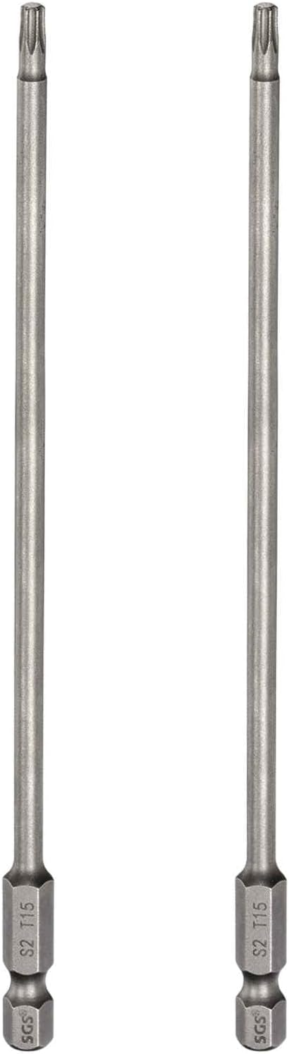 HARFINGTON 2pcs T15 Torx Head Screwdriver Bit 1/4" Hex Shank 6" (150mm) Long Magnetic No Hole Tip Tamper Proof 6 Point Star Screw Driver Drill Bits S2 Steel Industrial Power Screwdrivers