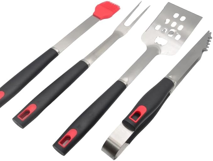 Stainless Stell BBQ Accessories Tool Set with Serrated Edged Spatula?갌ork Brush and Tongs Backyard Outdoor Cooking and Teppanyaki Barbecue Tools Accessories 4-Piece Home Barbecue Set