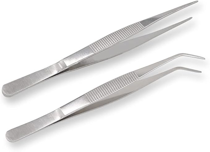 7 Inch Stainless Steel Tweezers with Straight and Curved Serrated Tip Multipurpose Forceps for Craft Repairing 2 Pack