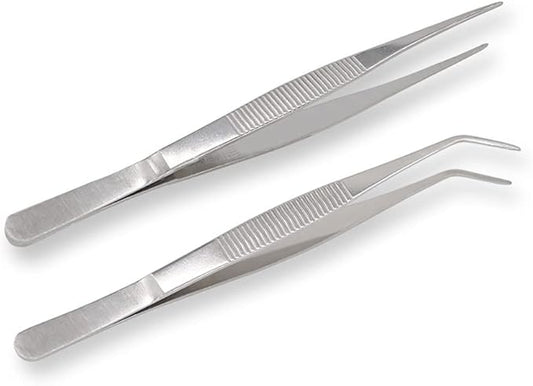 7 Inch Stainless Steel Tweezers with Straight and Curved Serrated Tip Multipurpose Forceps for Craft Repairing 2 Pack