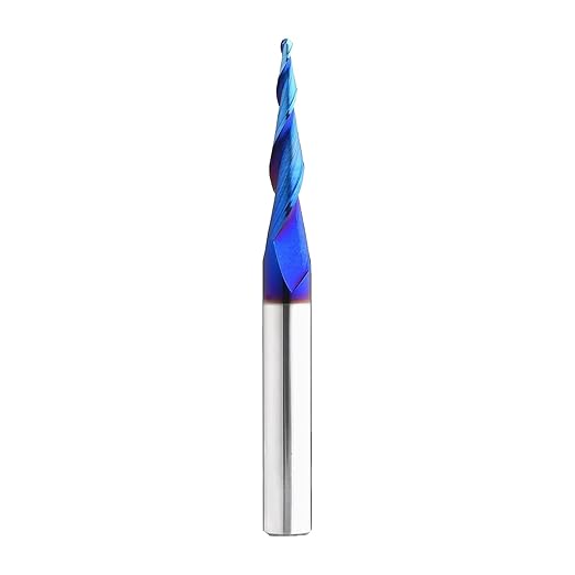 5.4 Deg Tapered Ball Nose Upcut CNC Spiral Router Bit 1/4 Inch Shank NACO Coated 2 Flute End Mill for 3D&2D Carving Engraving STQ454 (1/16Dx1CHx1/4SHKx2-1/2L)