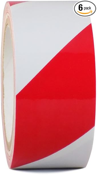 WOD Red & White Heavy-Duty Striped Safety Warning Tape, 4 inch x 18 yds. (Pack of 6) Floor Tape for Lane Marking Safety Areas, Warehouse, Gym, School, and Parking Spaces