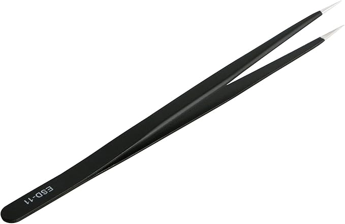 Aoje-Link ESD-11 Professional Anti-Static Precision Technology Tweezers, Non-magnetic Fine Tip Straight, Stainless Steel Plastic Coated, Full Length 142mm, Black, 2pcs