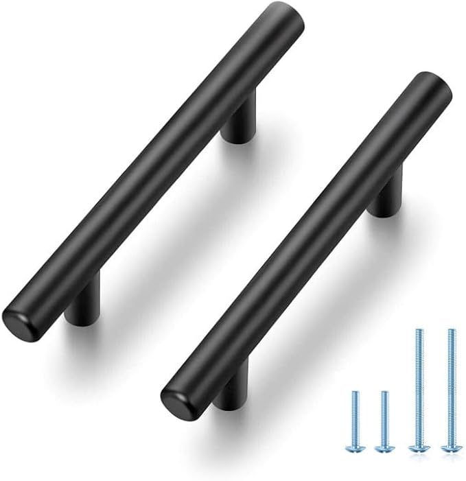 JOY DECOR 5 Pack 5 Inch Cabinet Pulls Kitchen Cabinet Handles with 3 Inch Hole Center Matte Black Cabinet Hardware Stainless Steel Kitchen Drawer Pulls for Cabinets Cupboard, 76mm Hole Centers