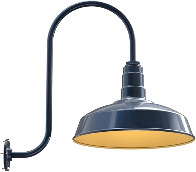 Steel Lighting Co. | Dusk to Dawn | Gardena Barn Light | Outdoor Wall Mounted | 16" Dome | Upslope Gooseneck | Farmhouse Light Made in America | Gray Blue/Brass