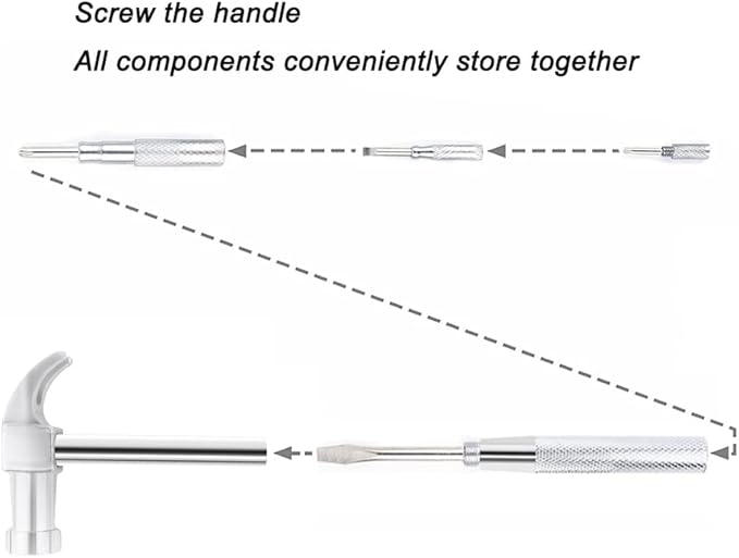 6 in 1 Mini Multifunction Copper Hammer and Screwdriver Hand Tools, Screwdriver Kit for Opening Walnuts, Watchmaker, and Household Repairing Tool (Silver)