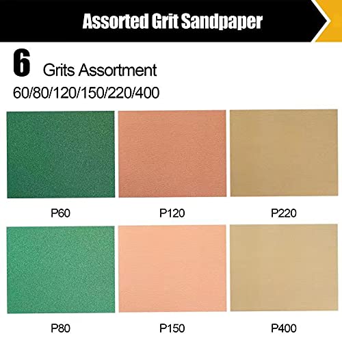 60 PCS Sandpaper, Sandpaper Assortment Sandpaper for Wood Metal Automative Furniture Hand Sander Paper 60/80/120/150/220/320 Grit Sandpaper Sheet Sanding Paper Cut for Use 9" x 11"