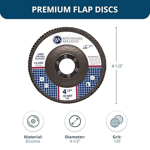Benchmark Abrasives 4.5" x 7/8" Premium High Density Jumbo Zirconia Type 29 Flap Discs 4 1/2 for Angle Grinder, Sanding Discs, Finishing - Grinding Wheels 4 1/2 Inch (10 Pack) - 120 Grit