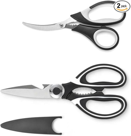 SpartaSake Kitchen Shears (2 Pack) ??Heavy-Duty Stainless Steel Scissors ??Multipurpose Utility for Food Prep & Home Use (Black-White)