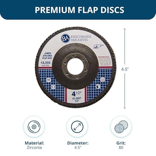 Benchmark Abrasives 4.5" x 7/8" Premium High Density Jumbo Zirconia Type 27 Flap Discs 4 1/2 for Angle Grinder, Sanding Discs, Finishing - Grinding Wheels 4 1/2 inch - (100 Pack) - 80 Grit