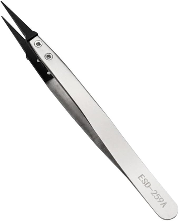 Precision Anti-Static ESD Tweezers for Electronics Repair, Industrial Metal Tweezers for Circuit Board, Mobile Phone, and Clock Maintenance, Silver Black Color(ESD-259A)