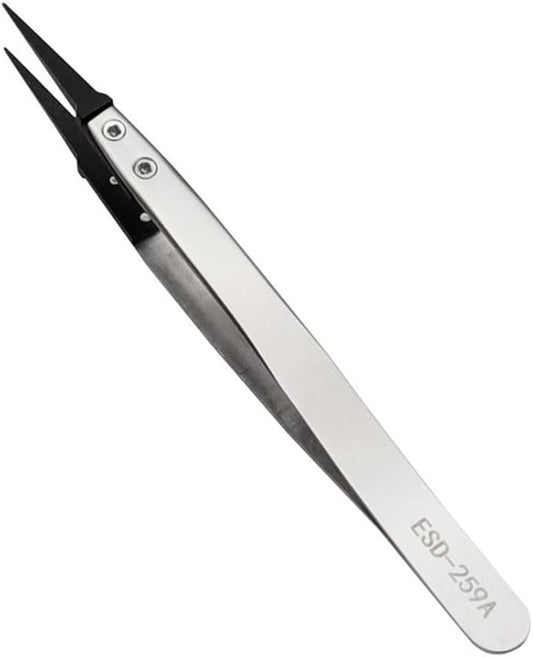 Precision Anti-Static ESD Tweezers for Electronics Repair, Industrial Metal Tweezers for Circuit Board, Mobile Phone, and Clock Maintenance, Silver Black Color(ESD-259A)