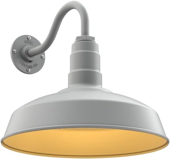 Steel Lighting Co. | Dusk to Dawn | Gardena Barn Light | Outdoor Wall Mounted | 16" Dome | 11" Gooseneck | Farmhouse Light Made in America | Modern Gray/Brass