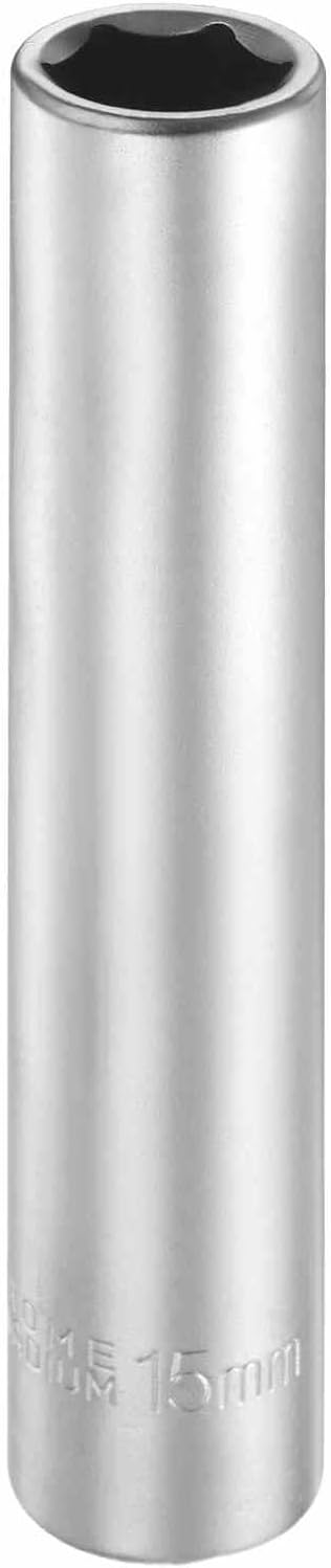 HARFINGTON 6 Points Deep Socket 1/2" Drive 15mm Deep Metric CR-V Steel Polished Nickel Plating Flip Sleeve 120mm / 4.7" Extra Long Socket Tool for Home Auto Nuts Bolts Repair
