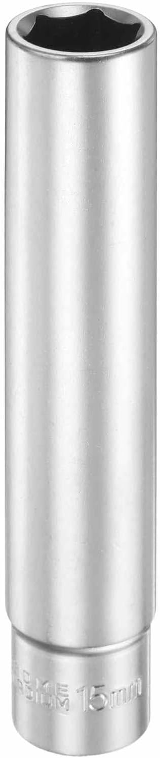 HARFINGTON 6 Points Deep Socket 3/8" Drive 15mm Deep Metric CR-V Steel Polished Nickel Plating Flip Sleeve 120mm / 4.7" Extra Long Socket Tool for Home Auto Nuts Bolts Repair