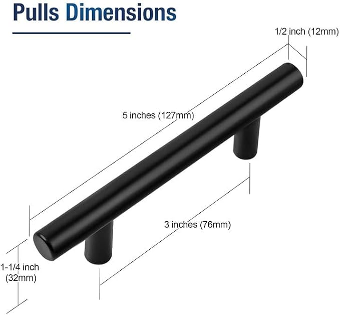 JOY DECOR 10 Pack 5 Inch Cabinet Pulls Kitchen Cabinet Handles with 3 Inch Hole Center Matte Black Cabinet Hardware Stainless Steel Kitchen Drawer Pulls for Cabinets Cupboard, 76mm Hole Centers